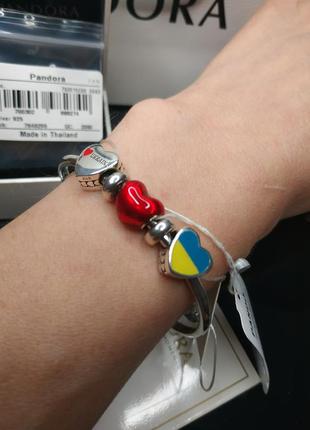 Набір шарми і браслет пандора срібло 925 проба цирконій емаль серці україна прапор прапор бенгл камені жовтий блакитний пломба бирка1 фото