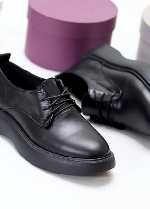 Класичні натуральні шкіряні чорні туфлі/лофери/оксфорди на шнурках 36-402 фото