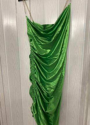 Платье шелковое зелёное с завязками4 фото