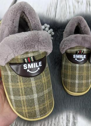 Тапочки жіночі теплі чуні на хутрі з задником у клітинку