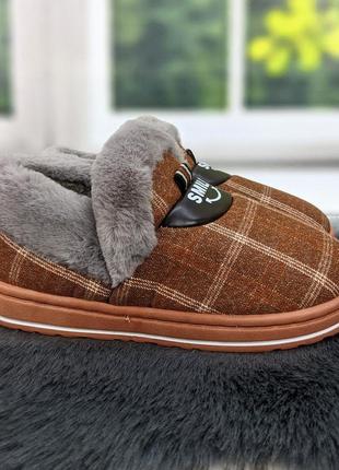 Тапочки жіночі теплі чуні на хутрі з задником у клітинку