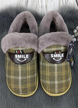 Тапочки жіночі теплі чуні на хутрі з задником у клітинку
