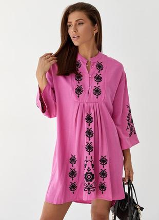 Красивое платье мини с вышивкой свободное розовое завышенная талия турция