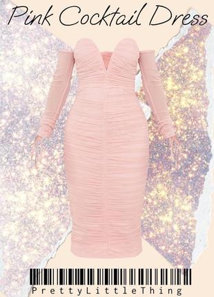 Blush mesh v bar ruched detail bardot midi dress3 фото