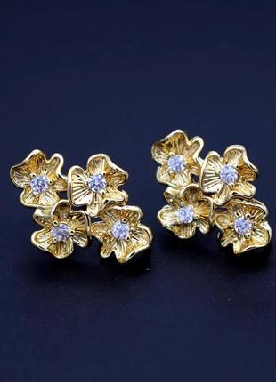 Сережки хрестики з цирконами сережки з квіточками стильні модні трендові сережки сережки з хрестом і квітами кристали золотистие сережки гвоздики