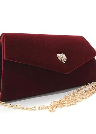 Клатч вечерний бордовый женский велюровый мини сумочка на выпускной на цепочке со стразами
