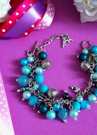 Браслет морський бриз голубий стальний підвіски ланцюжок дельфін перлини кришталь літня прикраса