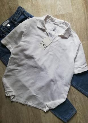 Zara лляна сорочка оверсайз, льняная блузка оверсайз, рубашка прямого кроя с коротким рукавом, тенниска, блузка