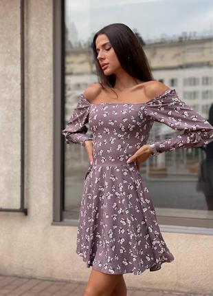 Нежное платье в цветочный принт s-m l-xl (42-44 46-48) рукав фонарик юбка клеш фрез