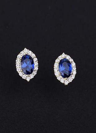 Срібні s 925 сережки-пусети позолочені au 585 з синім камінням сапфіром, сережки кейт міддлтон3 фото