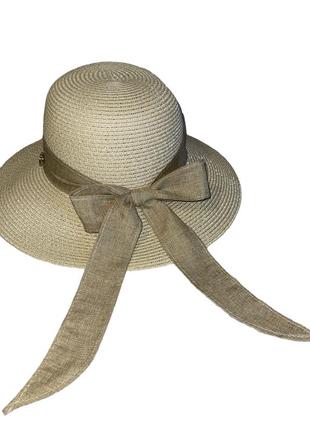 Романтичний капелюх сонцезахисний кремовий з гарним бантом3 фото