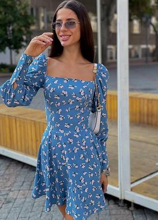 Нежное платье в цветочный принт s-m l-xl (42-44 46-48) рукав фонарик юбка клеш джинс