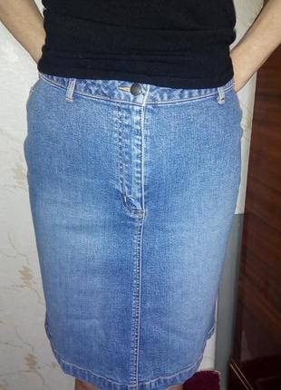 Юбка джинсовая , карандаш ,с высокой посадкой, миди,   синяя, летняя2 фото