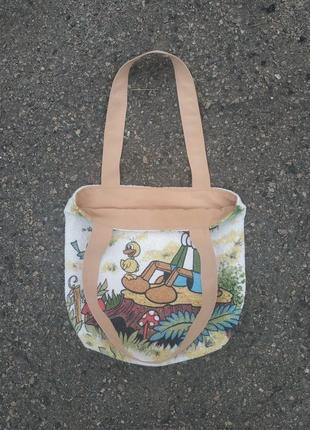 Вінтажний хендмейд шопер з пінокіо / upcycle lined pinocchio tote bag2 фото