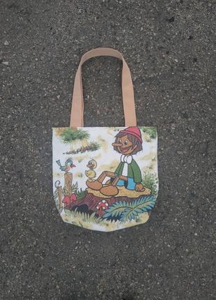 Вінтажний хендмейд шопер з пінокіо / upcycle lined pinocchio tote bag1 фото