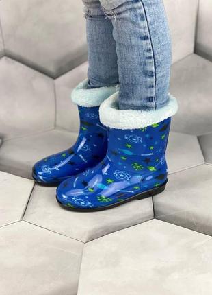 Детские синие резиновые сапоги со сьёмным меховым носком 225 фото
