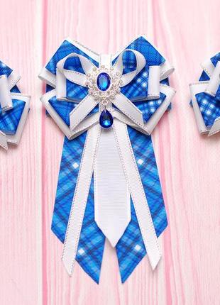 Школьный комплект бело-синий: галстук и банты1 фото