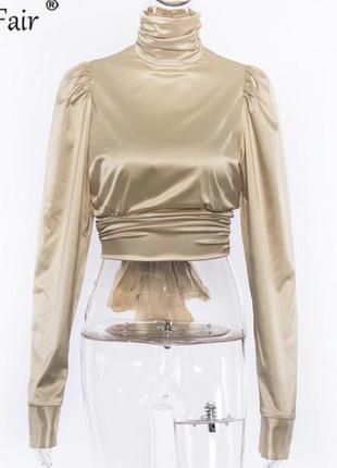 Шикарная бежевая блуза сатиновая атласная с голой спиной