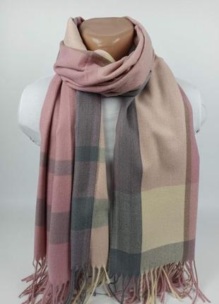 Базовый шерстяной кашемировый шарф палантин в клетку полоску серо-розовый новый качественный