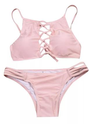 Розовый пудровый купаник спуш апом ,и переплетами ,твердая чашка