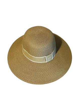 Жіночий капелюх сонцезахисний бежевий зі стрічкою6 фото