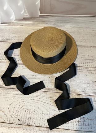 Жіночий сонцезахисний капелюх канотьє коко бежевий з чорною стрічкою2 фото