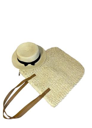 Комплект сумка жіноча шопер з рафііі з капелюхом солом'яним сонцезахисним