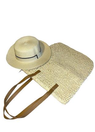 Комплект сонцезахисний капелюх солом’яний канотьє з сумкою-шопер з рафії1 фото
