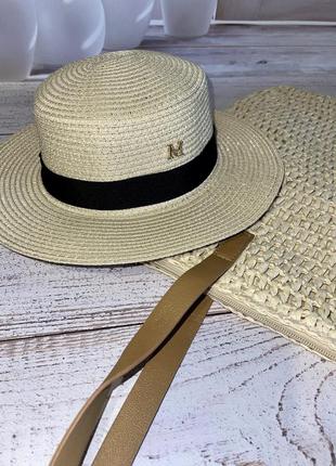 Комплект капелюх солом’яний сонцезахисний канотьє з сумкою - шопер з рафії кремового кольору5 фото