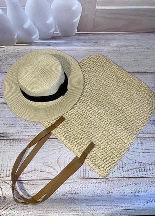 Жіночий капелюх солом'яний сонцезахисний з сумкою - шопер з рафії світло-бежевий колір