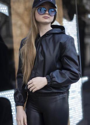 Стильная подростковая куртка - бомбер для девочек, эко-кожа, размеры на рост  140 - 158