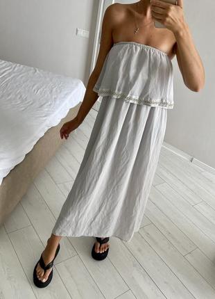 Длинное шифоновое платье свободного кроя на резинке с воланом1 фото