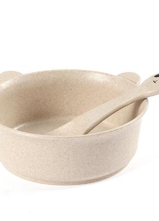 Тарелка с ложкой lesko a228 panda beige из пшеничной соломы для детей