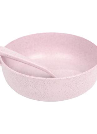 Тарелка с ложкой для детей lesko a238 pink из пшеничной соломы1 фото