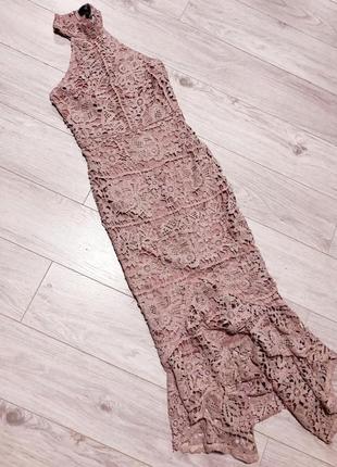 Missguided s 44 жіноча святкова пильно-рожева мереживна сукня міді з високим вирізом русалка9 фото