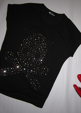 Черная блуза туника блестящий серебристый череп