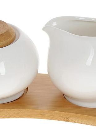 Набір для чаю ceram-bamboo молочник 190мл hotdeal та цукорниця 250мл hotdeal на підставці, білий фарфор