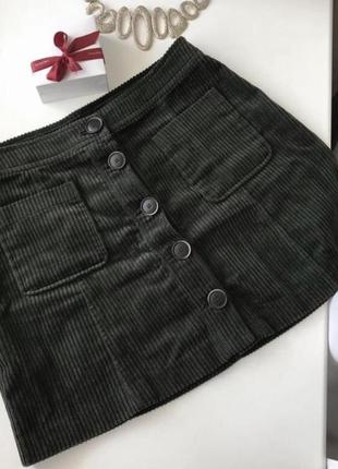Вельветовая юбка на пуговицах хаки с карманами юбочка мягкая1 фото