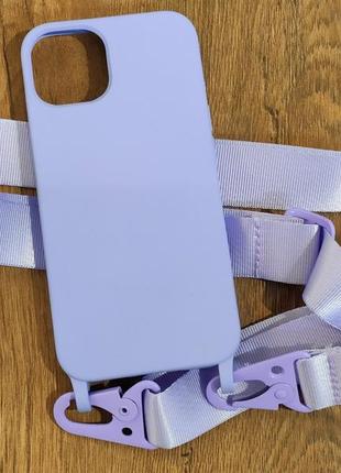 Silicone case для iphone 13 pro max чохол з ремінцем через плече стрічка бузковий1 фото