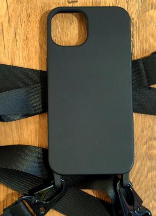 Silicone case для iphone 13 pro max чехол с ремешком через плечо лента черный