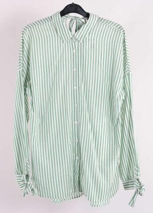 Стильна бавовняна смугаста сорочка блуза блузка у смужку пастельний зелений зав'язки бант на спині та рукавах2 фото