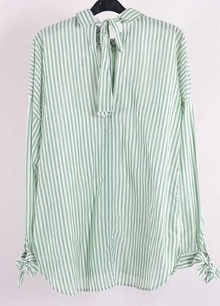 Стильна бавовняна смугаста сорочка блуза блузка у смужку пастельний зелений зав'язки бант на спині та рукавах3 фото