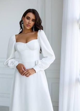 Топ продаж🔝💥 весільне біле плаття, сукня на розпис, весiлля, загс, вiнчання, біле вечірнє плаття, біла вечірня сукня, біле плаття міді красиве нарядне5 фото