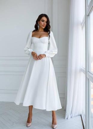 Свадебное белое платье на роспись, платье на роспись, загс, венчание, белое вечернее платье, белое вечернее платье, белое платье миди6 фото