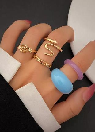 Набор колец стильние модние трендовые колечки кольца в стиле панк рок хип хоп акриловое кольцо колечко со змеей золотистие кольца кольцо с розой
