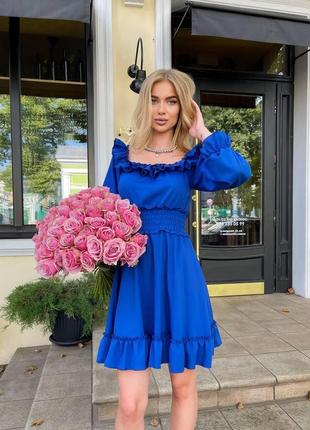 Нежное платье с рюшами s-l xl-2xl  (42-46 48-50) романтическое платье рукав фонарик юбка клеш электрик