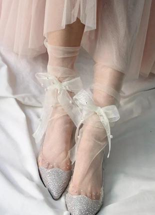 Шкарпетки шкарпетки шкарпетки фатиновые фатин сітка прозорі білі з бантами і намистинами нові