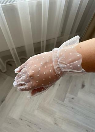 Перчатки рукавички фатиновые фатин сетка прозрачные в горох белые ретро новые9 фото