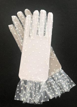 Перчатки рукавички фатиновые фатин сетка прозрачные в горох белые ретро новые6 фото