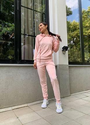 Жіночий велюровий спортивний костюм xs-s m l xl 2xl (42-44 46-48 50-52) худі з капюшоном штани пудра